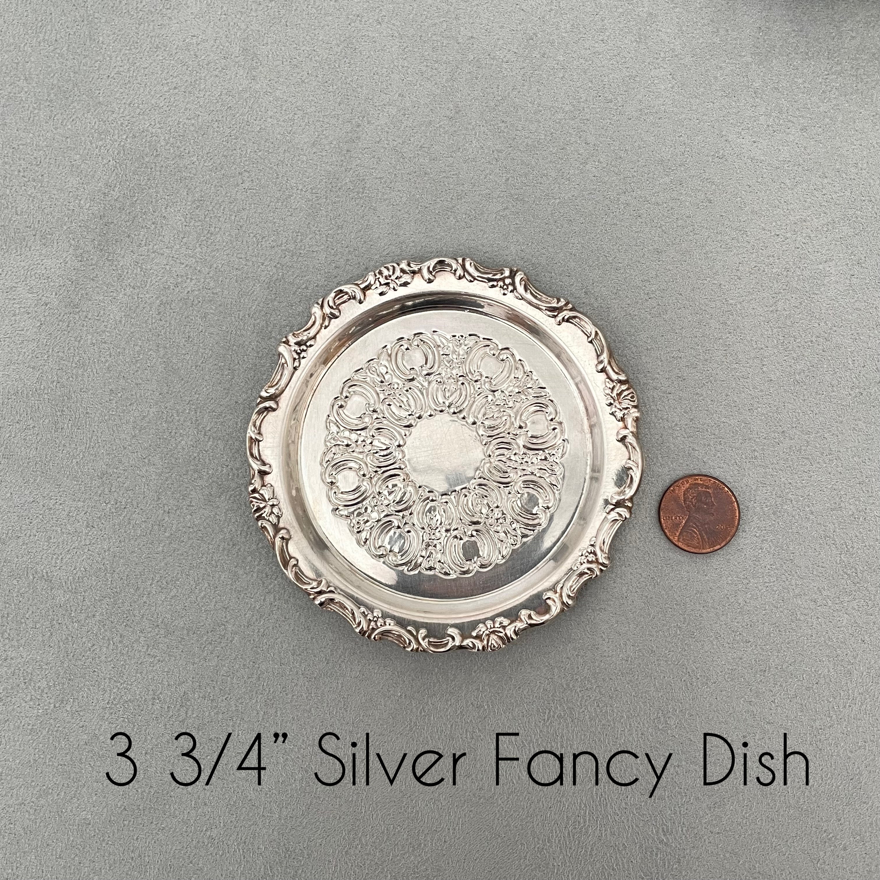 3 3/4 inch Silver round dish with penny beside for size reference - Flat lay props from Champagne & GRIT