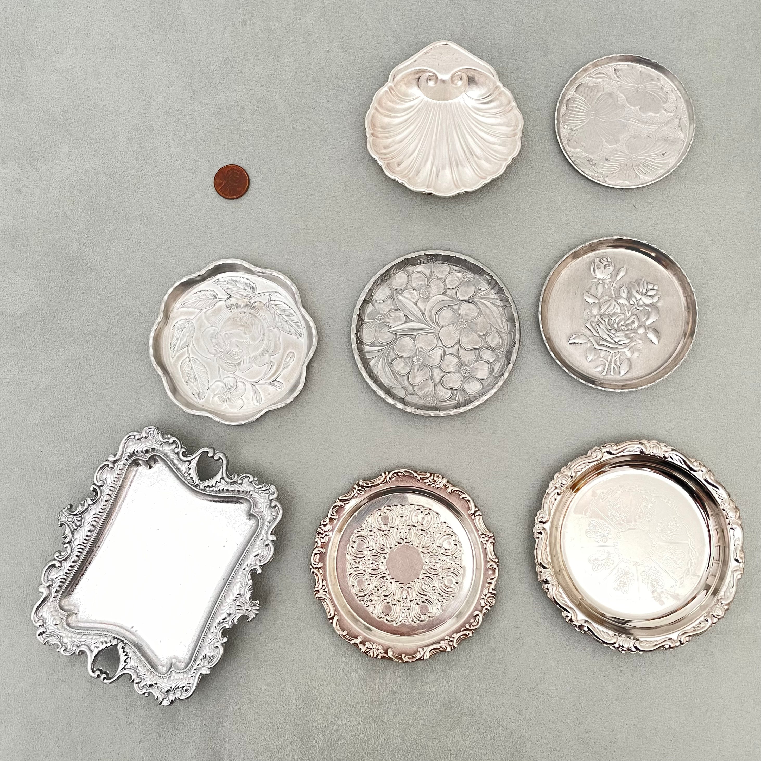 Collection of 8 vintage silver mini styling trays and dishes, penny beside for size reference, must have wedding flat lay props from Champagne & GRIT