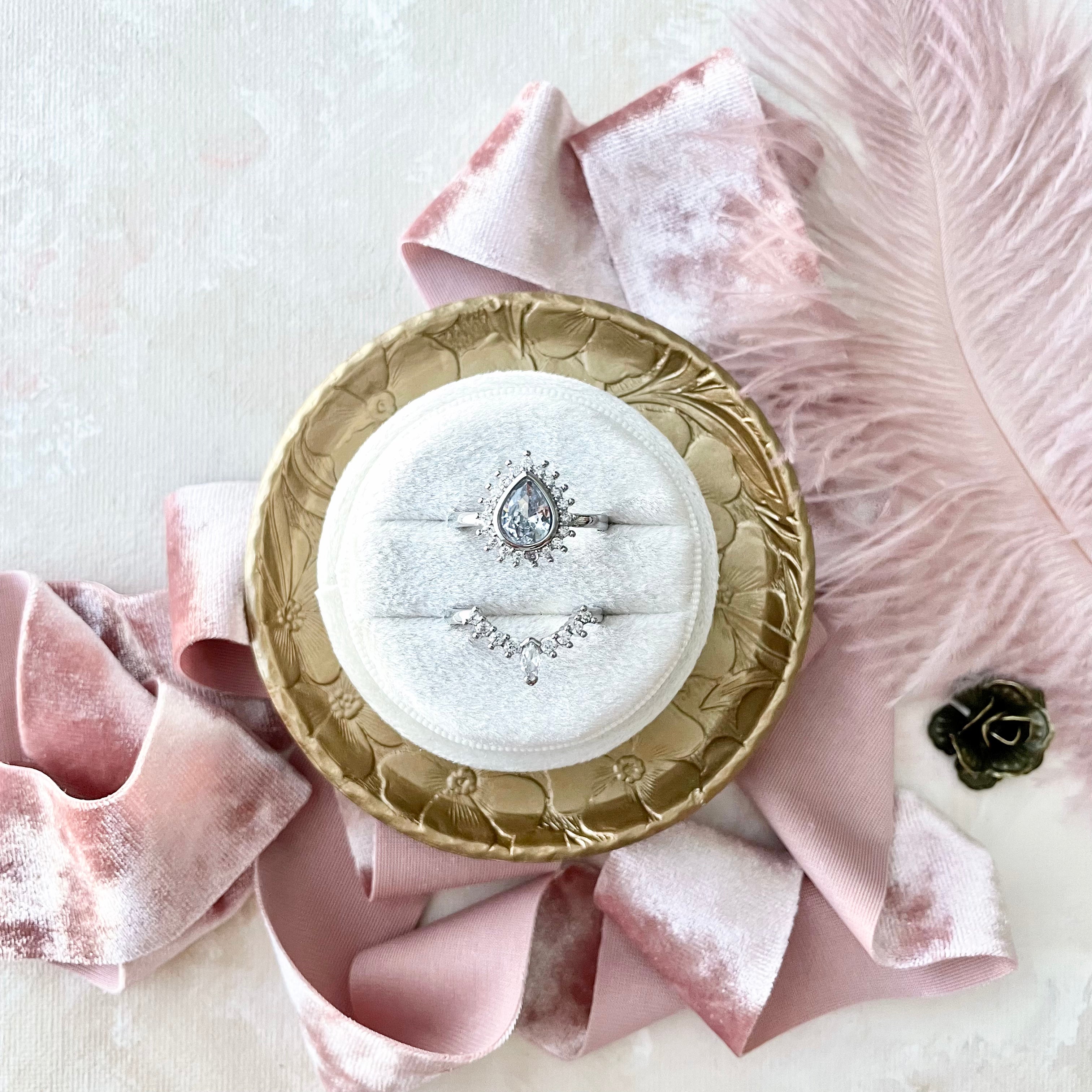 Painted Gold DOGWOOD Dish, ornate gold tray, styled with white velvet ring box and dusty pink ribbon must have flat lay props from Champagne & GRIT