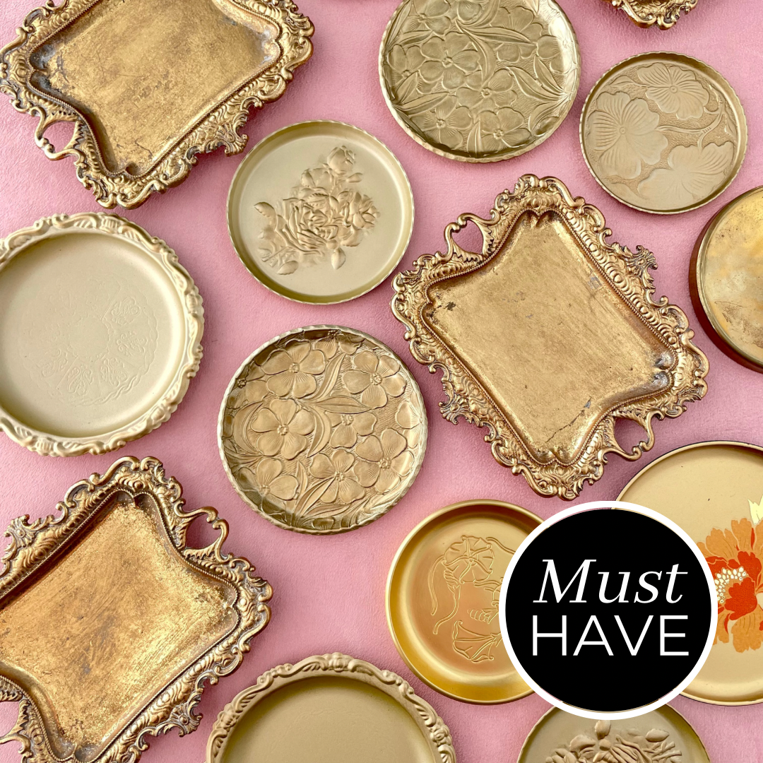 Variety of vintage gold dishes must have flat lay props from Champagne & GRIT