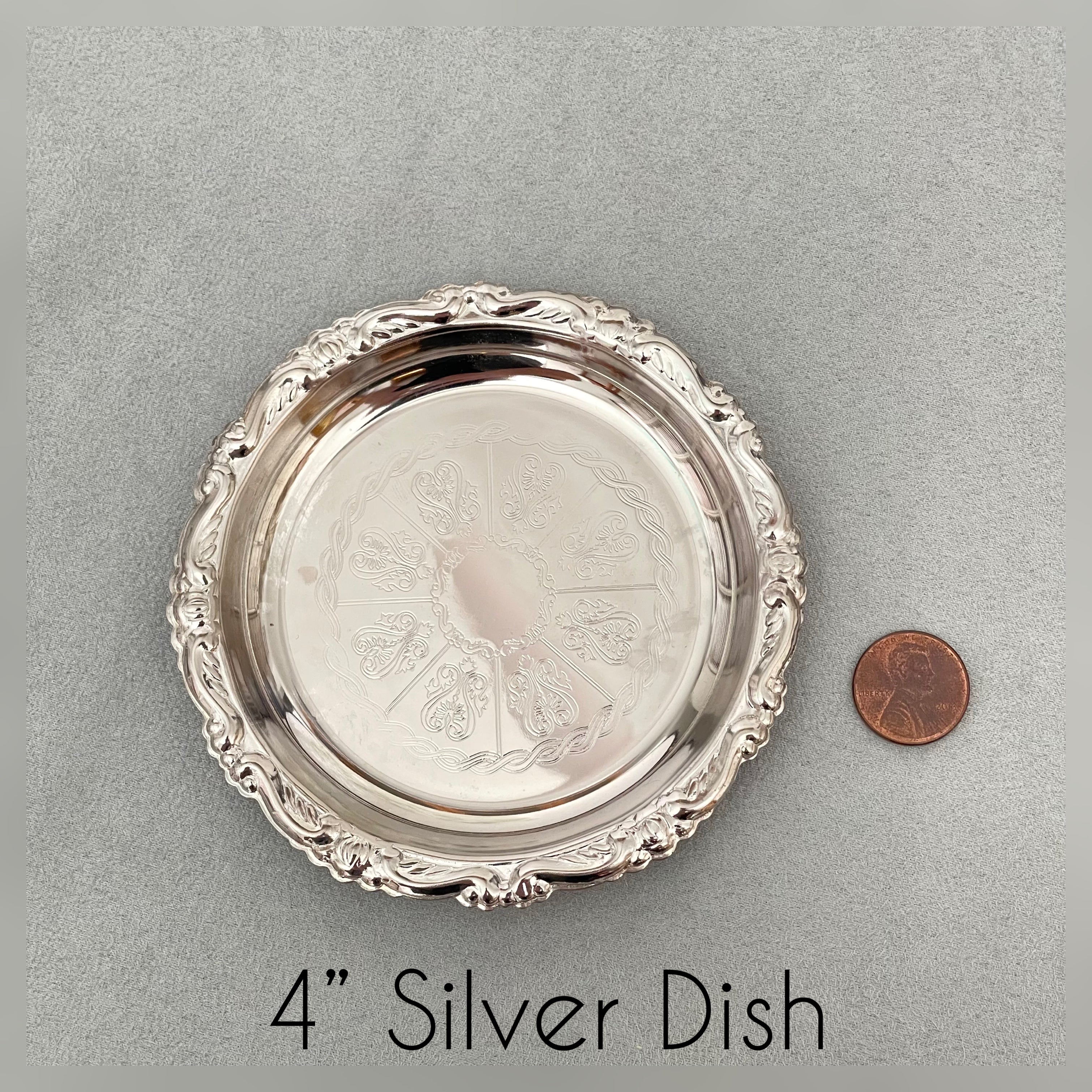 4 inch Silver round dish with penny beside for size reference - Flat lay props from Champagne & GRIT