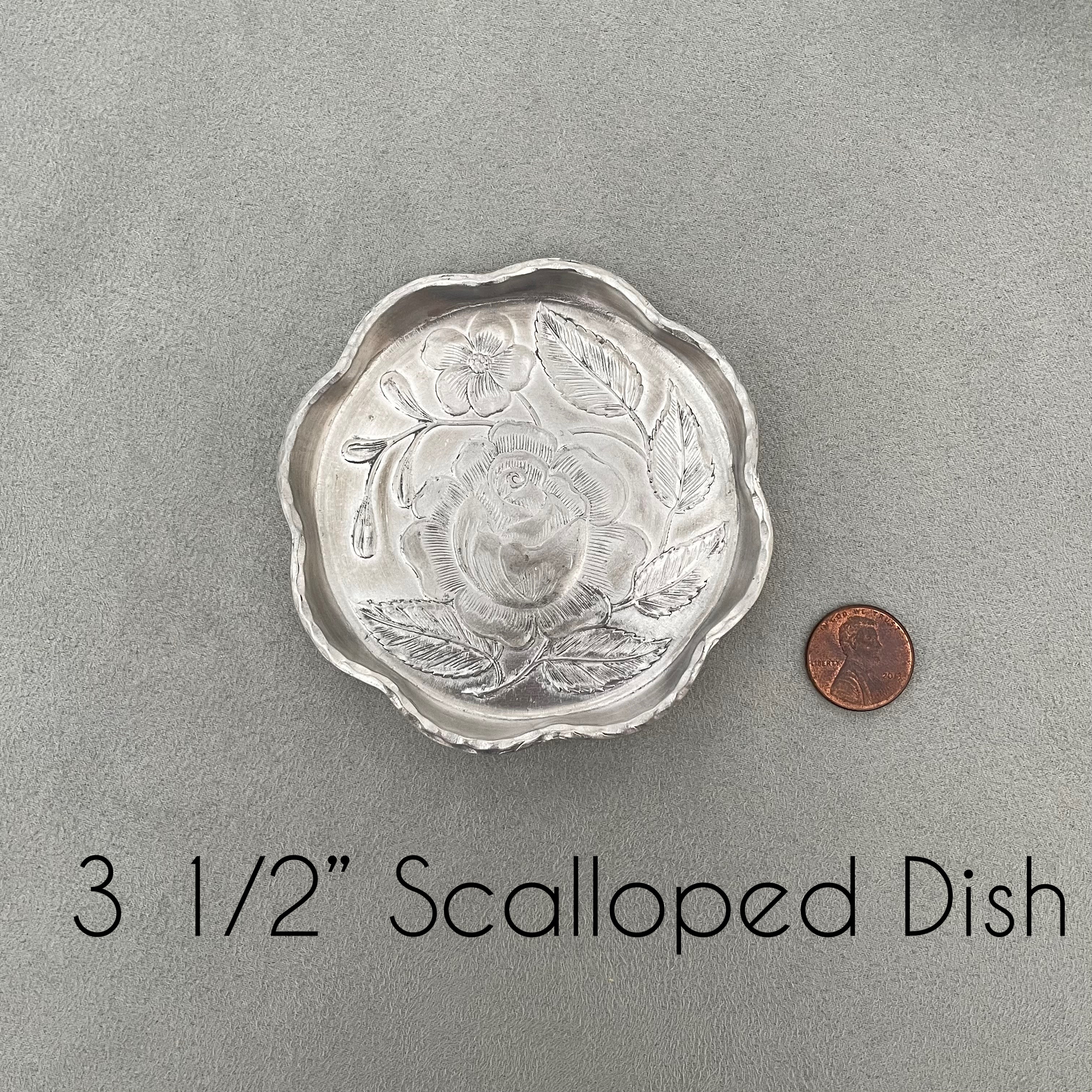 3 1/2 inch scalloped sliver dish with penny beside for size reference - Flat lay props from Champagne & GRIT