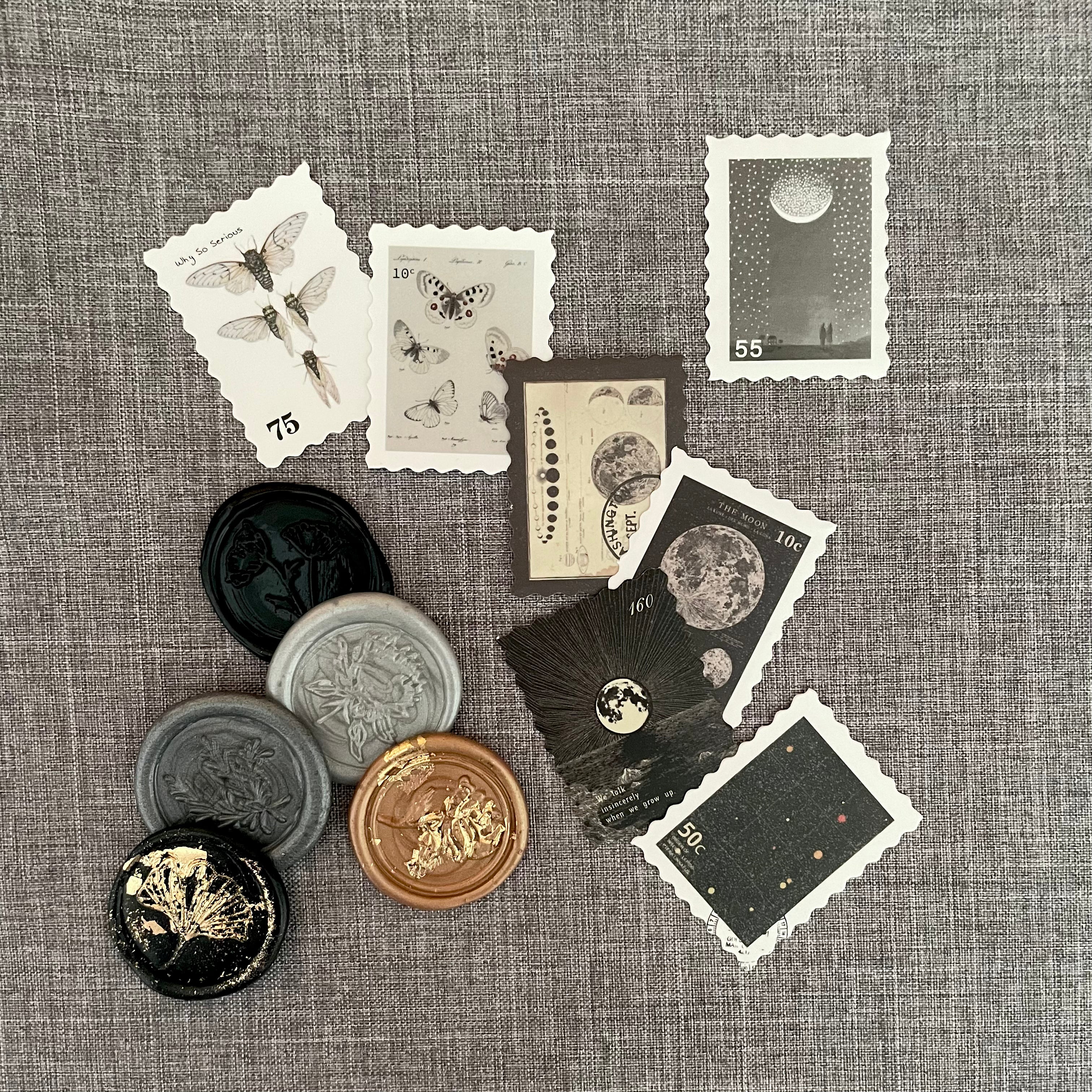 Black & Gold Mini Flat Lay Prop Kit including 5 wax seals and 7 faux postage stamps in shades of Black & Gray - Wedding Flat lay props from Champagne & GRIT