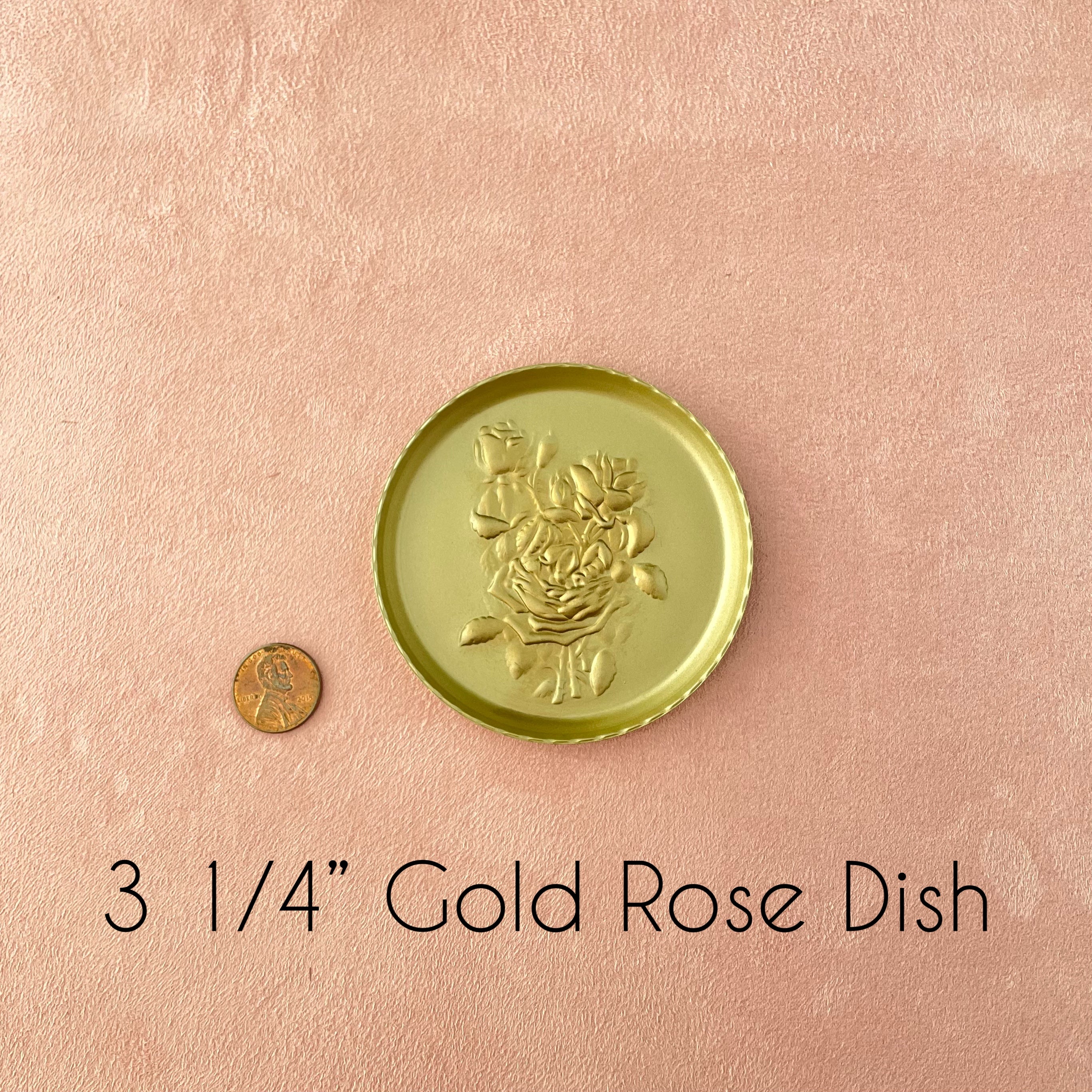 3 ¼ inch gold rose dish, penny beside for size reference - Wedding Flat lay props from Champagne & GRIT