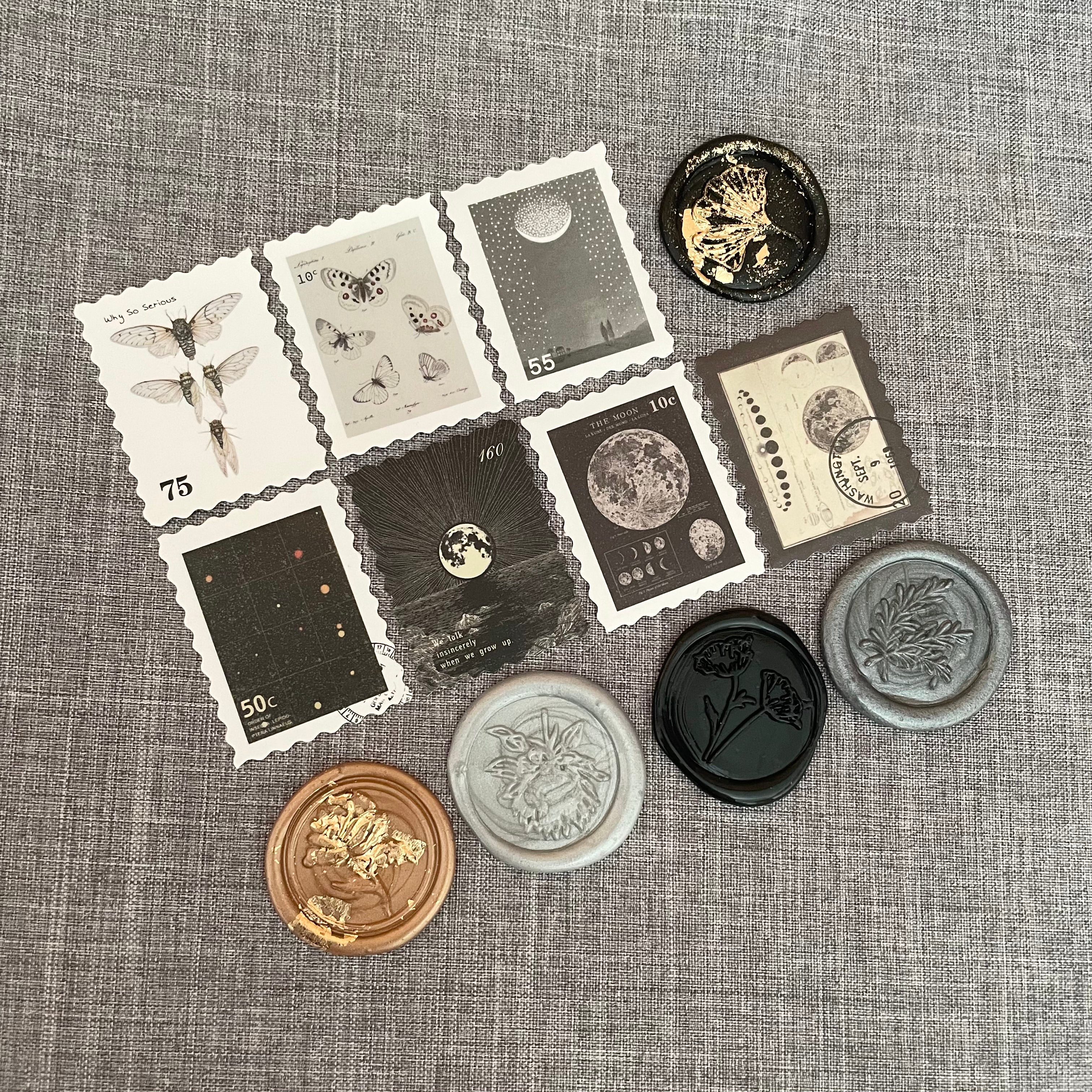 Black & Gold Mini Flat Lay Prop Kit including 5 wax seals and 7 faux postage stamps in shades of Black & Gray - Wedding Flat lay props from Champagne & GRI