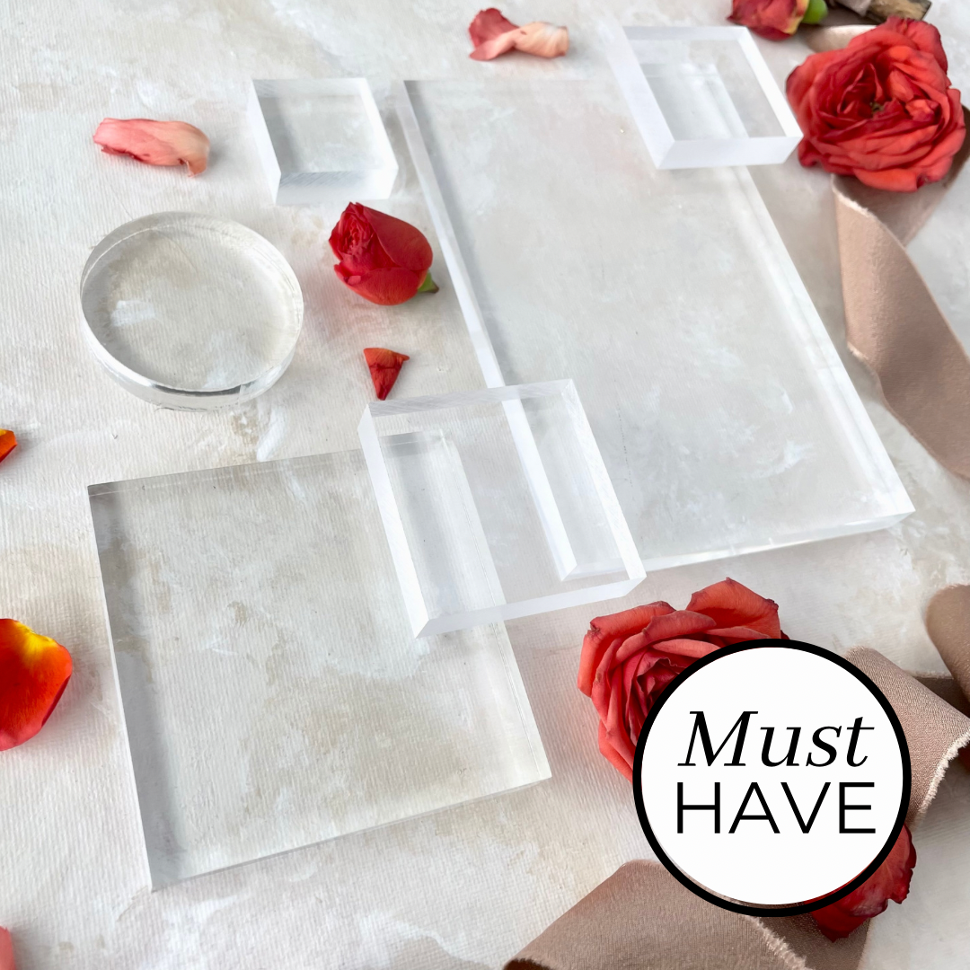 Clear Acrylic Styling Block Set including 4 different sized squares, one large rectangle, and one circle - a must have for Flat Lays from Champagne & GRIT