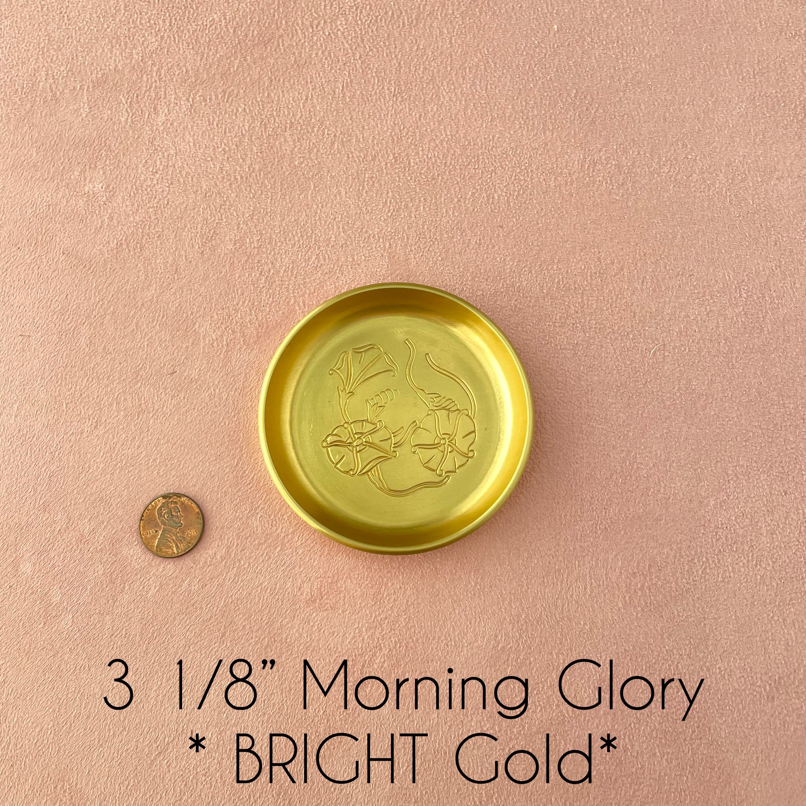 3 1/8 inch morning glory bright gold dish, penny beside for size reference - Wedding Flat lay props from Champagne & GRIT