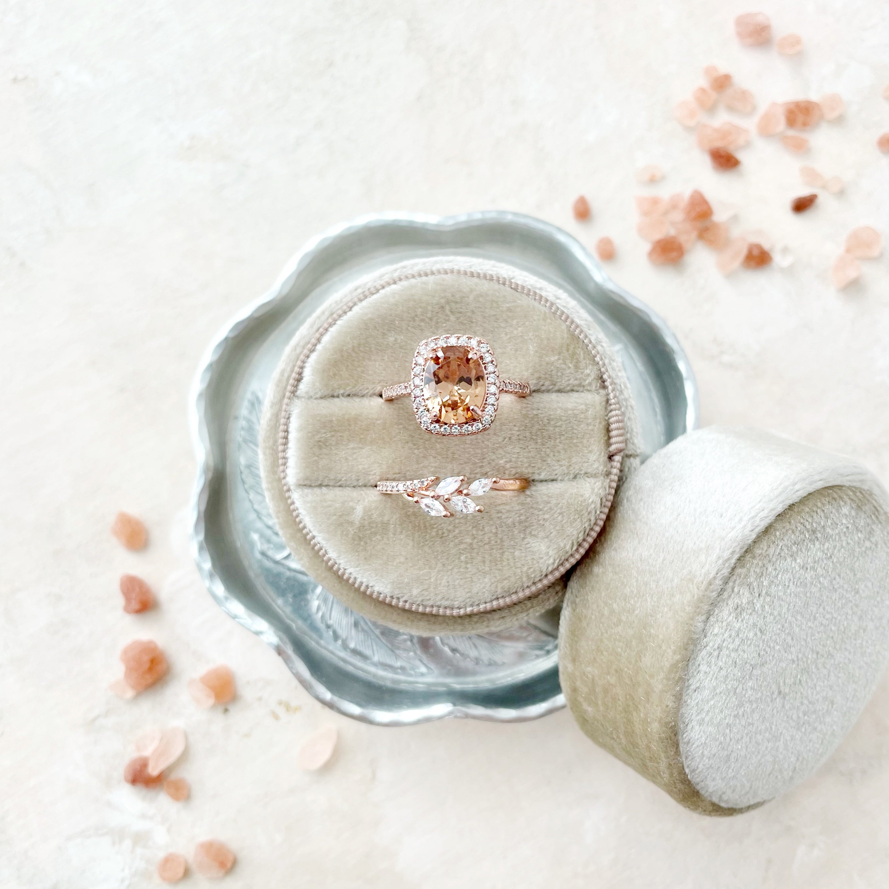 Scalloped sliver dish with tan ring box  - Wedding Flat lay props from Champagne & GRIT