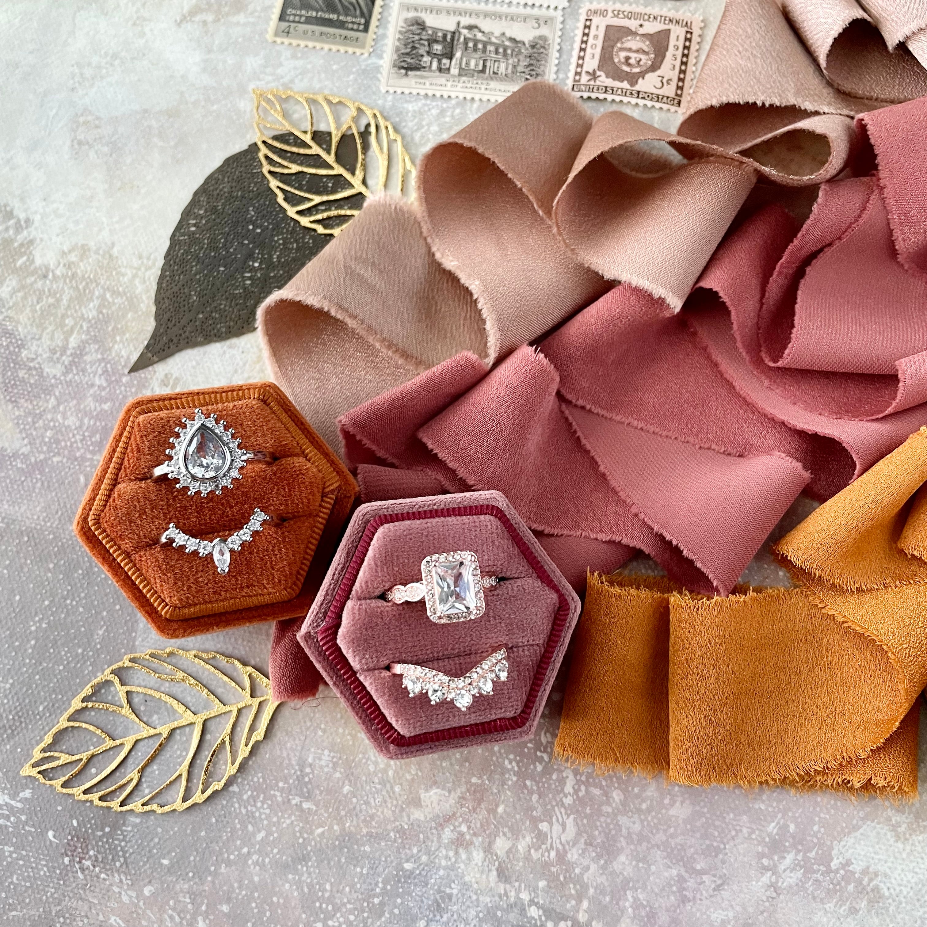 Burnt orange ring box, desert rose ring box, 3 spools of ribbon and gold metal leaves - Wedding Flat lay props from Champagne & GRIT