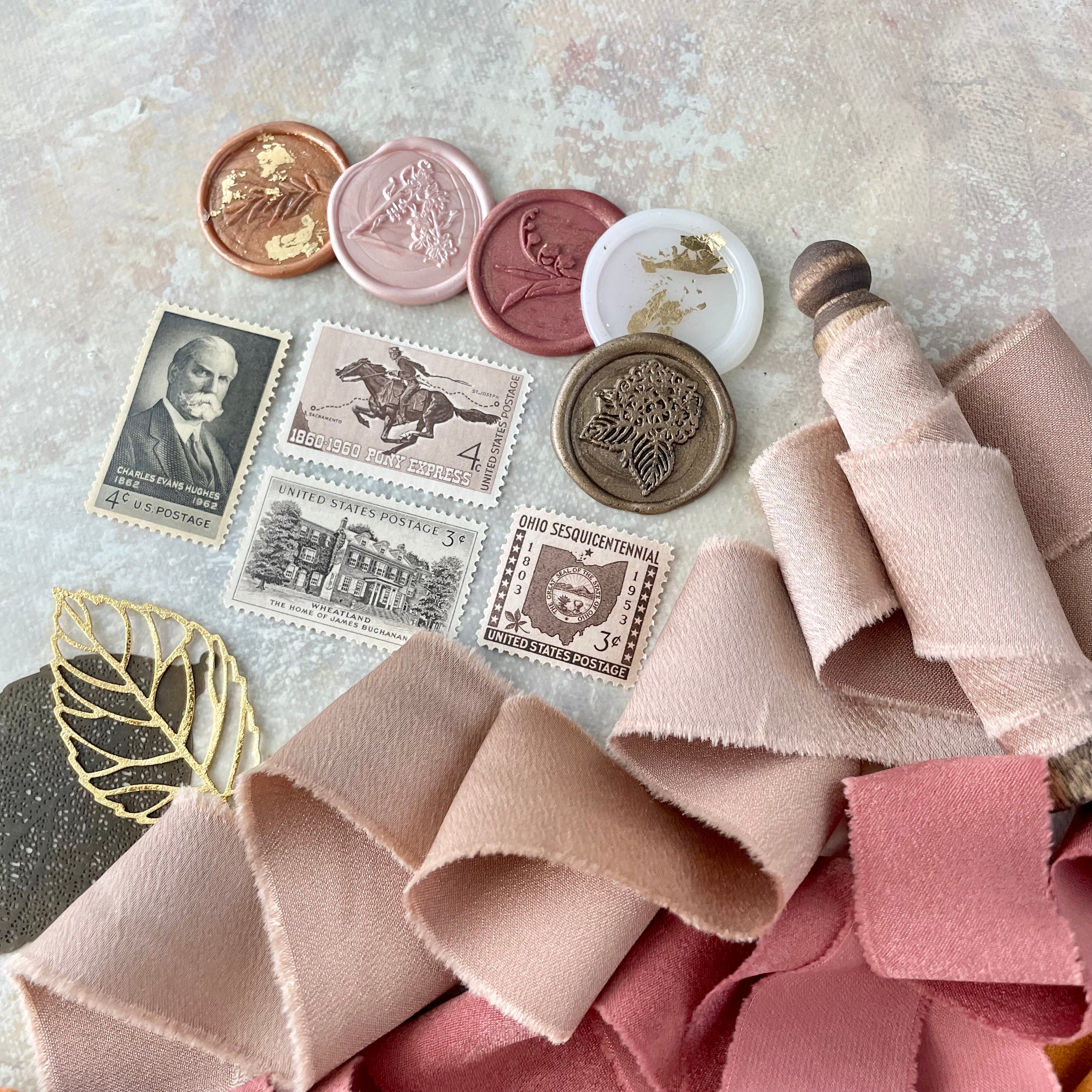 5 wax seals, 4 vintage postage stamps, and 2 spools of ribbon  - Wedding Flat lay props from Champagne & GRIT